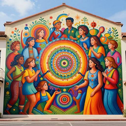 Vibrant mural of diverse, colorful people around a large, spiral mandala on a white building, featuring bright clothing and floral patterns.