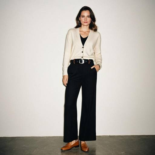 Woman in Casual Cream Cardigan and Black Trousers