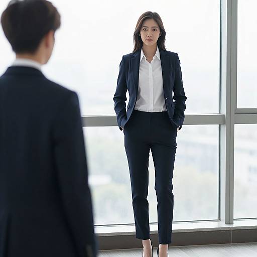 Photograph of a serious Asian woman in black suit and white shirt standing in a bright office with large windows, facing a man in a black suit with