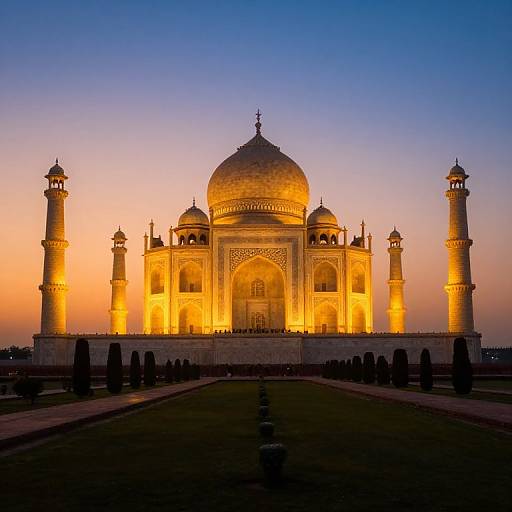 Photograph of the illuminated Taj Mahal at sunset, showcasing its golden-lit domes and minarets against a gradient blue and orange sky.