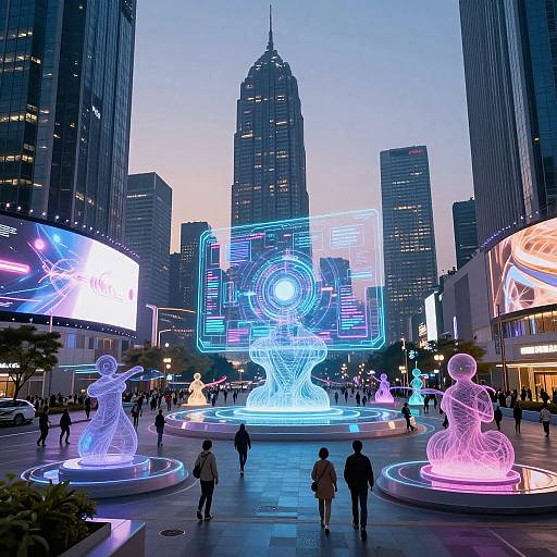 Futuristic AI-Driven Cityscape at Dusk