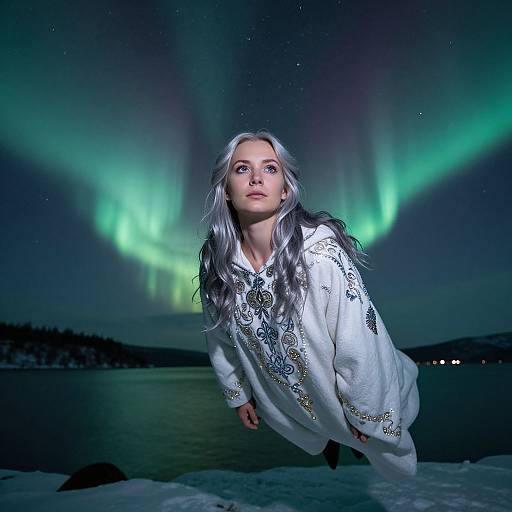 Photograph of a young woman with long silver hair, wearing a white embroidered robe, leaning forward against a snowy lakeshore under the green Northern Lights