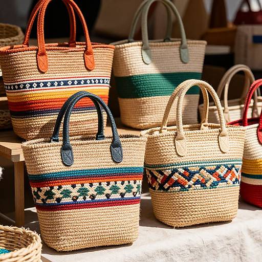 Photograph of colorful woven straw handbags with striped and patterned designs, featuring different handle colors (orange, navy, green), arranged on a sun
