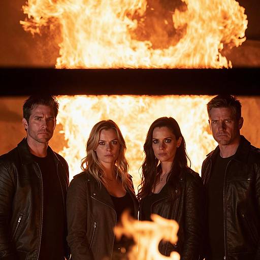 Serious Group in Leather Jackets with Fire Background