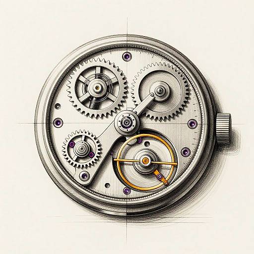 Detailed digital illustration of a mechanical watch face with interlocking gears, purple and orange accents, and a shiny metallic finish.