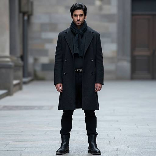 Photograph of a handsome, dark-haired man with a beard, wearing a black long coat, scarf, pants, and boots, standing in an urban