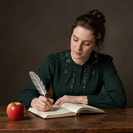 Photograph of a fair-skinned woman with dark hair in an updo, wearing a black lace blouse, writing with a white feather quill on