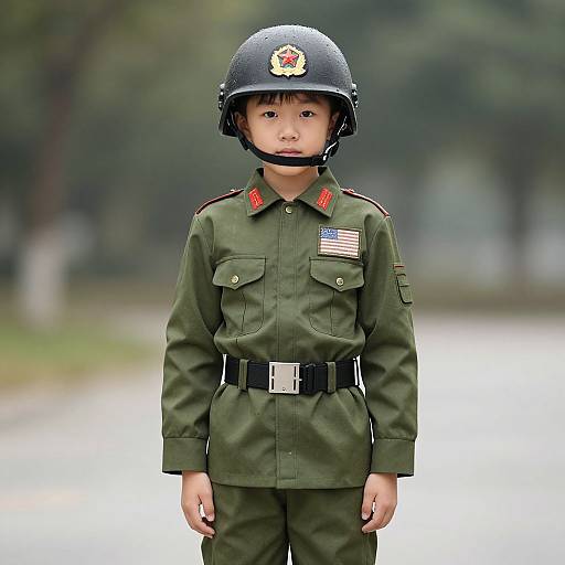 Photograph of a young Asian boy in a green military uniform, black helmet with red emblem, American flag patch, standing outdoors.