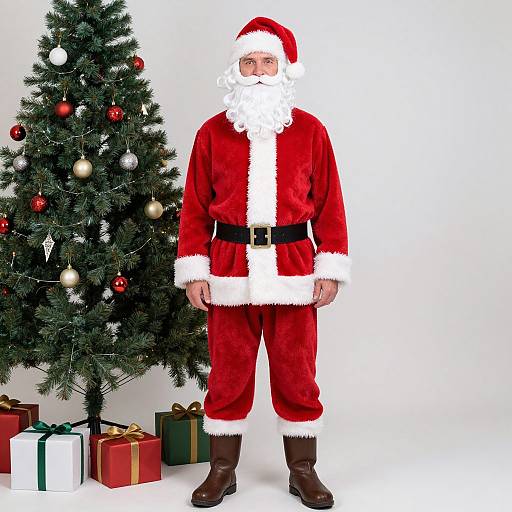 Photograph of a bearded Santa Claus in red velvet suit with white trim, black belt, and brown boots, standing beside a decorated Christmas tree with