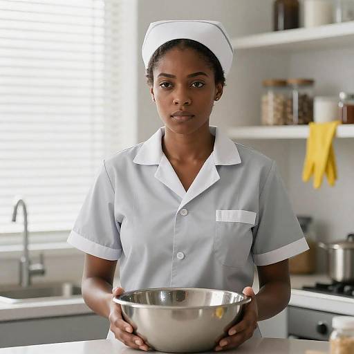 African-American Woman in Nurse Uniform Holding Metal Bowl