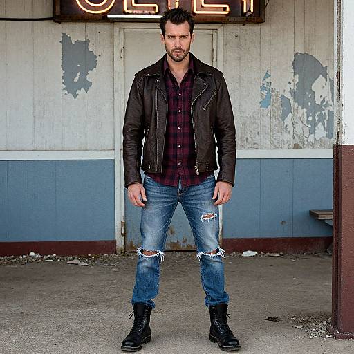 Photograph of a bearded man with short dark hair, wearing a black leather jacket, red plaid shirt, ripped blue jeans, and black boots