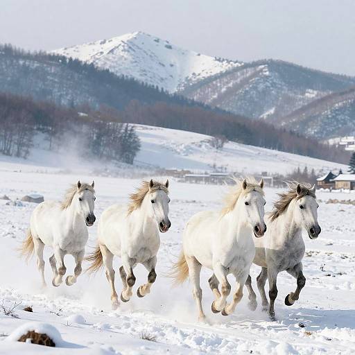 Majestic White Horses in Snowy Mountains
