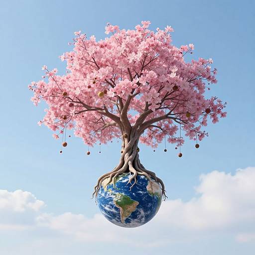 Digital artwork: A cherry tree with pink blossoms and hanging fruits floats above Earth, rooted in blue and green planet, against a bright blue sky.