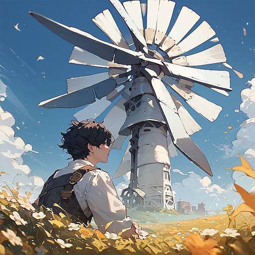 Anime Character with Hidden Face in Field