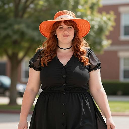Confident Woman in Black Dress and Orange Hat Outdoors