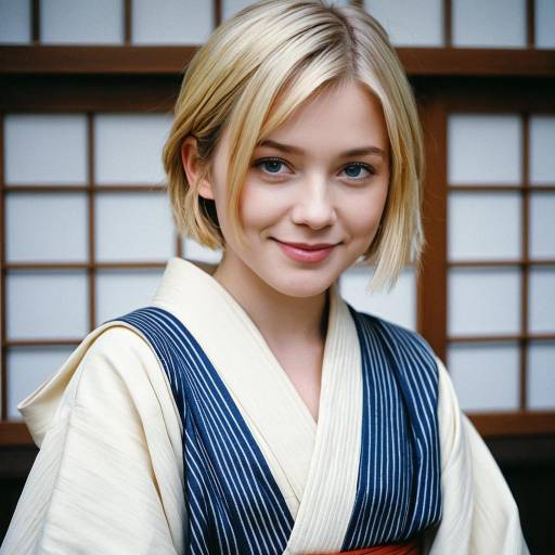 Smiling Blonde Woman in Traditional Kimono