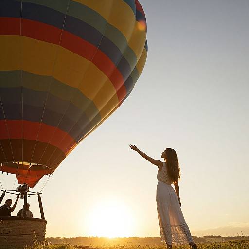 Silhouetted woman in white dress points at colorful hot air balloon at sunset, with bright sun behind her and calm landscape.