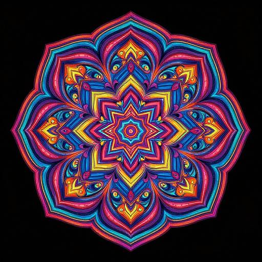 Vibrant neon mandala with symmetrical, multicolored patterns in pink, blue, yellow, and orange on a black background, creating a