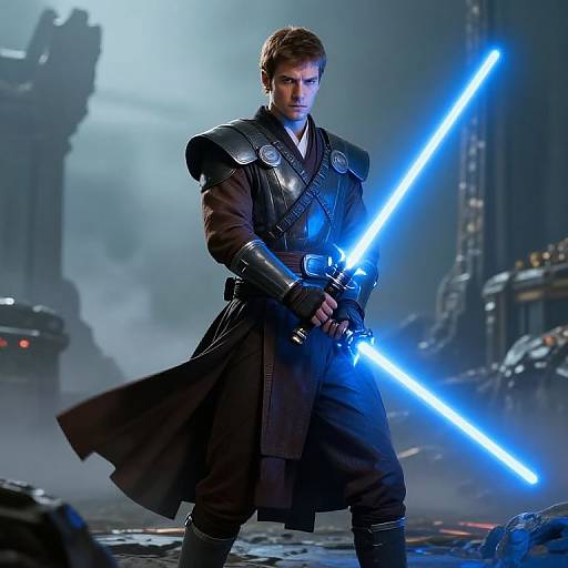 Photograph of a stern-looking man with short brown hair, wielding a bright blue lightsaber, wearing dark armor and a long brown coat, in a