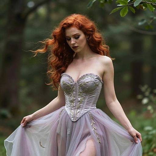 Photograph of a fair-skinned woman with long red hair, wearing a lavender strapless gown with a silver corset, standing in a lush forest