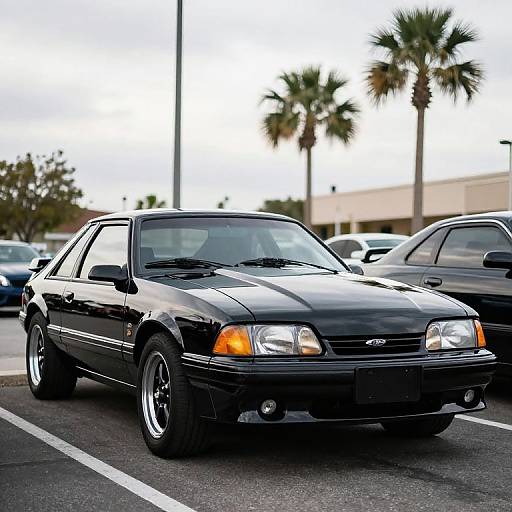 Photograph of a glossy black Ford Mustang parked in a lot, with palm trees and other cars in the background.