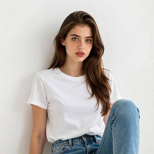 Young Woman in White T-Shirt and Jeans Sitting Against Wall