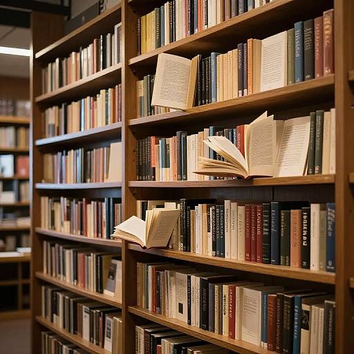 Photograph of a library bookshelf with wooden shelves, numerous books, and three open books with pages visible, casting light.