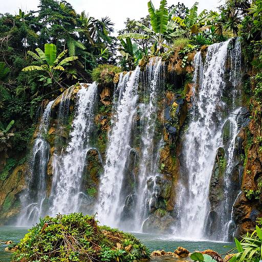 Vibrant Forest with Cascading Waterfalls
