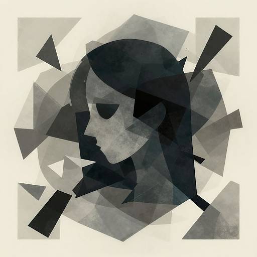Abstract digital artwork featuring a fragmented, black and gray geometric profile of a face with angular, overlapping shapes against a white background.