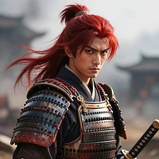 Photorealistic digital art of a fierce, red-haired samurai with intense expression, wearing detailed, black-and-red armored attire, holding a sword,