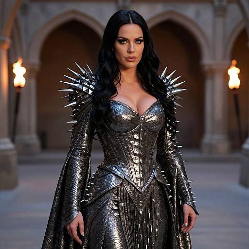 Photograph of a dark-haired woman in a metallic, spiked, silver dress with a low neckline, standing in a dimly lit, stone-arch