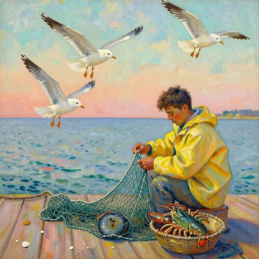 Post-Impressionist Coastal Fisherman Scene