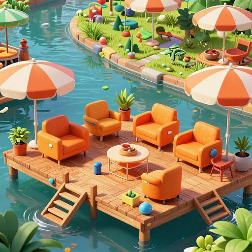 Colorful digital illustration of a wooden floating deck with orange chairs, umbrellas, and potted plants over a vibrant blue river.