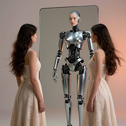 Photorealistic CGI: Two women in white lace dresses face a reflective mirror, standing beside a shiny, robotic female figure.