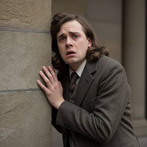 Photograph of a concerned young man with long brown hair, wearing a dark brown tweed suit, leaning against a stone column, looking to the side