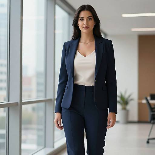 Photograph of a confident woman with long black hair, wearing a navy blazer, white blouse, and black pants, walking in a bright, modern