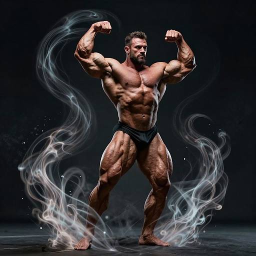 Photograph of muscular, bearded man flexing biceps, wearing black briefs, surrounded by ethereal blue-white smoke against a dark background.