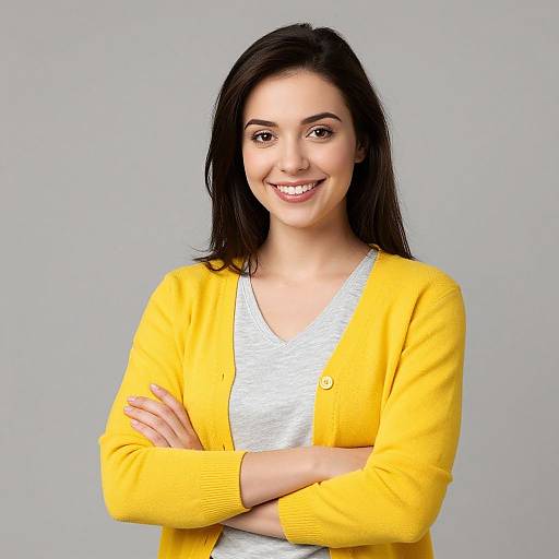 Photograph of a smiling young woman with long black hair, wearing a bright yellow cardigan over a white top, arms crossed, against a plain gray