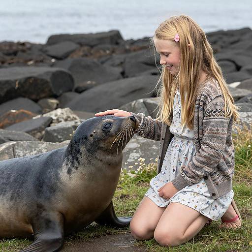 Blonde Girl and Seal on Shoreline