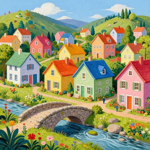 Vibrant digital illustration of a colorful, idyllic village with pastel houses, a stone bridge, and a flowing river, surrounded by lush