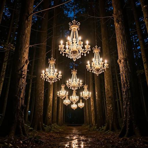Photograph of an enchanting forest pathway illuminated by multiple glowing, ornate crystal chandeliers hanging from trees, creating a magical nighttime scene.