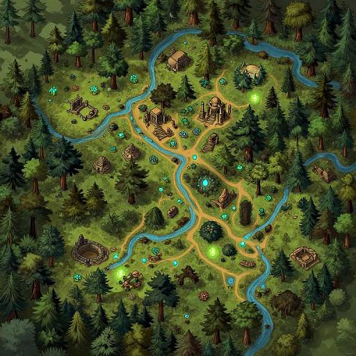 Aerial view of a vibrant, fantasy forest village with winding rivers, glowing green and blue orbs, wooden huts, and campsites, surrounded by