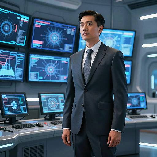 Futuristic Authoritative Leader in Control Room