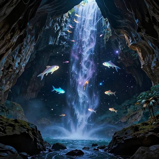 Fantasy digital art: colorful fish swim around a luminous waterfall cascading from a dark, cavernous rock formation into a misty pool below,