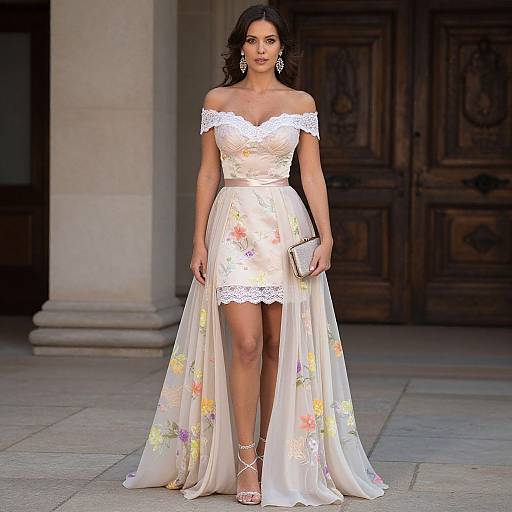 Photograph of a woman with dark hair in an off-the-shoulder, white lace floral dress with a long, flowing skirt, standing in front