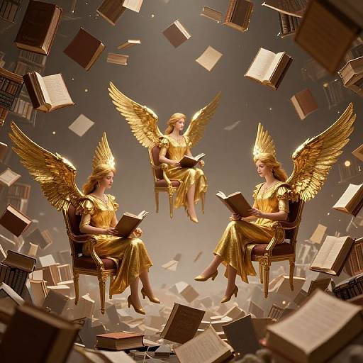 Digital artwork of three golden-winged, golden-dressed angelic women, sitting amidst floating books, reading, in a glowing, ethereal, book