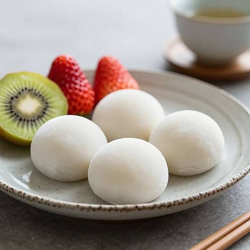 Photograph of four white quail eggs, a kiwi slice, and two strawberries on a white plate, with a blurred teacup in the