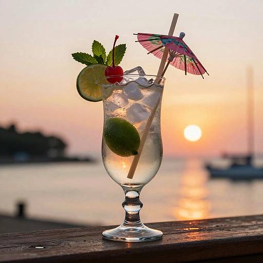 Photograph of a refreshing glass cocktail with ice, lime slices, mint, cherry, and small umbrella, set against a sunset waterfront background.