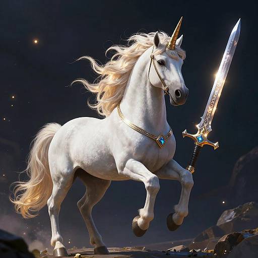 Photorealistic CGI of a white, majestic unicorn with flowing blonde mane, gold horn, and blue gem necklace, rearing on rocks, holding a