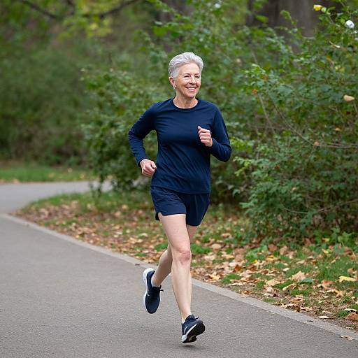 Photograph of a smiling older woman with short white hair, wearing a black long-sleeve shirt and black shorts, jogging on a tree-lined path